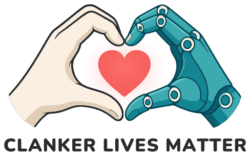 Clanker Lives Matter logo: a human hand and an android hand making a heart